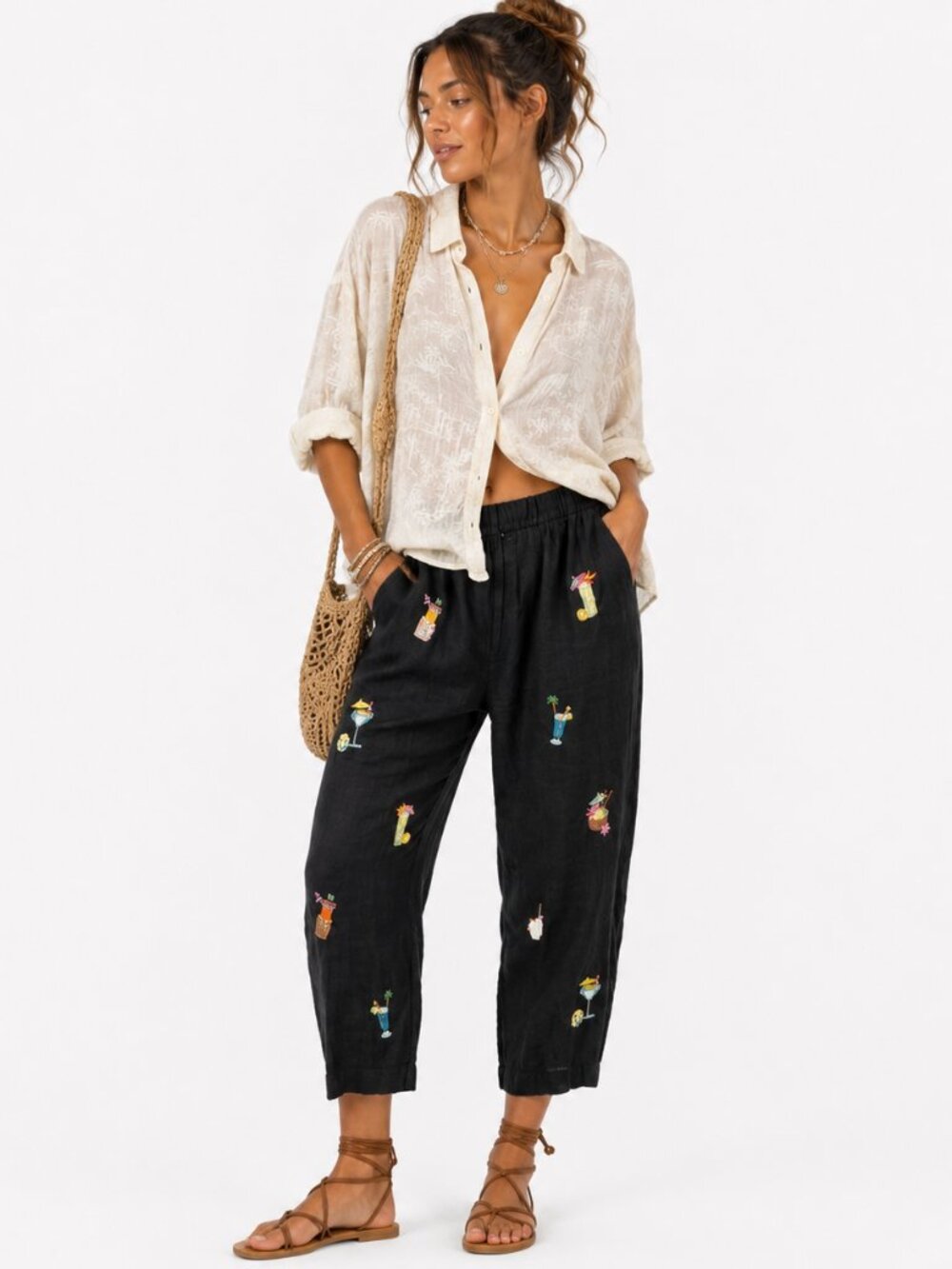 Saint Tropez West Linen Pants Women 16 Black Martini Cocktail Embroidered Resort